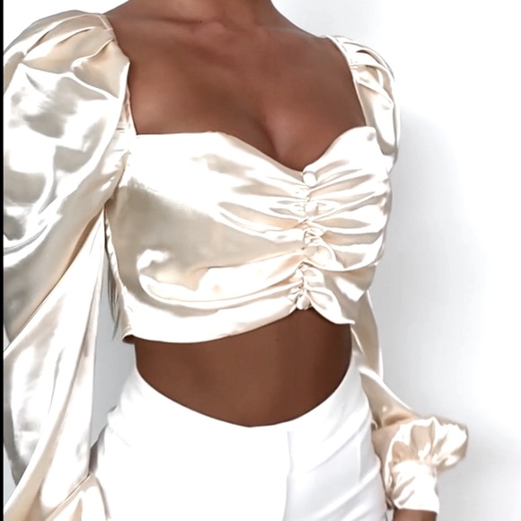 PrettyLittleThing Tops - NUDE SATIN BUTTON FRONT SQUARE NECK CROP TOP